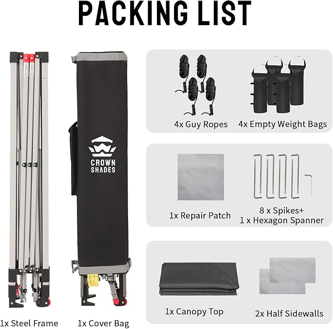 CROWN SHADES 10x10 Pop up Canopy Tent Instant Canopy with 150D Silver Coated Fabric Including 2 Half Sidewalls, 4 Ropes, 8 Stakes, 4 Weight Bags, STO 'N Go Bag, Grid Grey