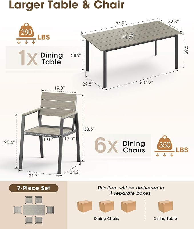 Patio Outdoor Dining Set for 6, Aluminum 7 Piece HDPS Patio Table and Chairs Set with Umbrella Hole, Modren Rectangular Patio Furniture Set with All-Weather Table and 6 Chairs (Classic Gray)