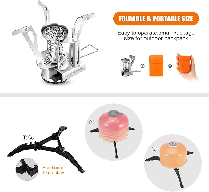 Odoland Camping Cookware Stove Carabiner Canister Stand Tripod and Stainless Steel Cup, Tank Bracket, Fork Spoon Kit for Backpacking, Outdoor Camping Hiking and Picnic