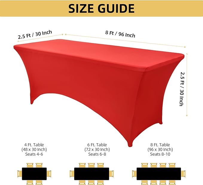 2-Pack 8ft Red Spandex Table Covers for Rectangle Folding Tables - Washable Elastic Tablecloth - Ultimate Fitted Table Protector for Birthday Parties, Trade Shows, Banquet