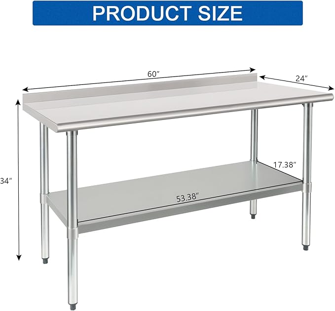 HARDURA Stainless Steel Prep & Work Table 30 x 60 Inches NSF Heavy Duty Commercial with Undershelf and Backsplash, Galvanized Legs for Commercial Food Prep