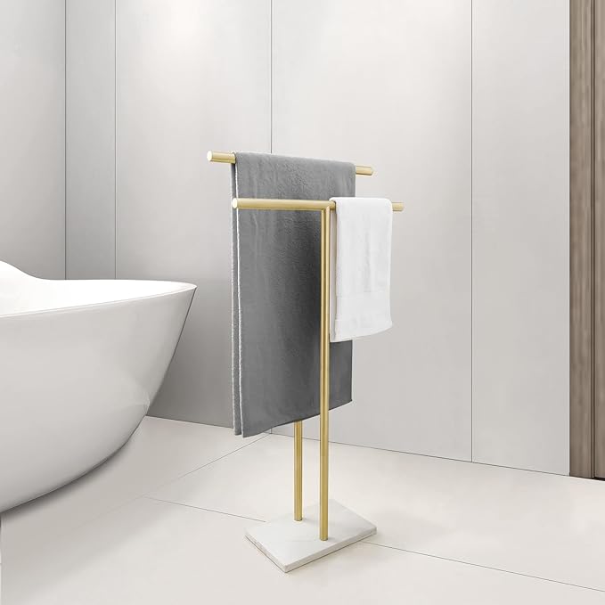 40 Inch Standing Towel Rack for Bathroom Floor Double-T Shape Bath Sheet Holder with Marble Design Base Towel Rack Freestanding Next to Tub or Shower Towel Holder Stand SUS304 Brushed Gold