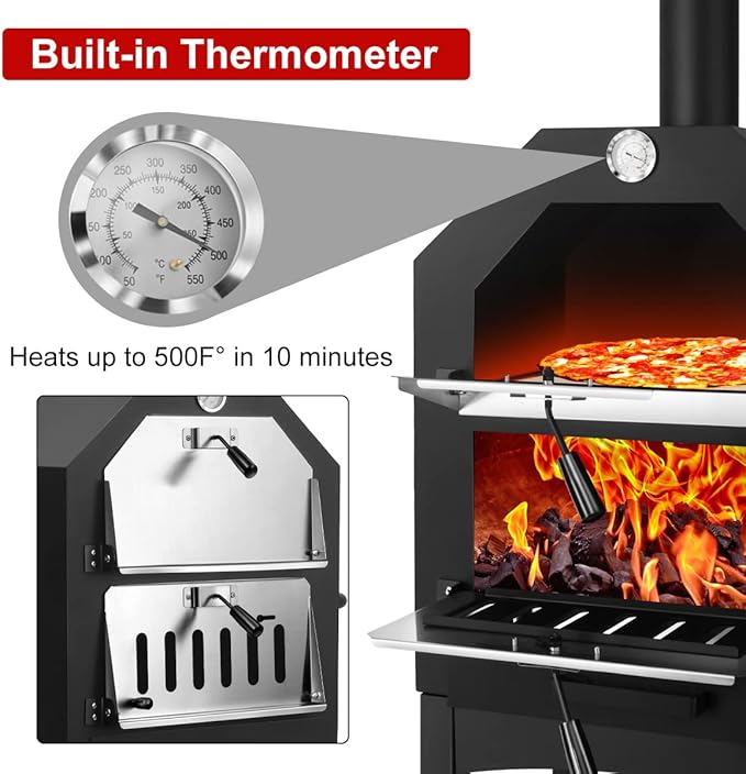 EDOSTORY Outdoor Pizza Oven, Wood Fired for Outside, Patio Maker With Stone, Peel, Grill Rack, and Waterproof Cover for Backyard Camping