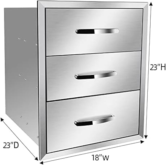 Stainless Steel Outdoor Kitchen Drawers - 3-Drawer BBQ Drawer, Built-in, Flush Mount for Outdoor Kitchens & BBQ Islands, 18Wx23Dx23H-3L