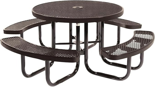 COATEDOUTDOORFURNITURE Heavy-Duty Portable Outdoor Picnic Table with Umbrella Hole, Expanded Metal Commercial-Grade Patio Dining Furniture Made in America (46" Round Top, Brown)