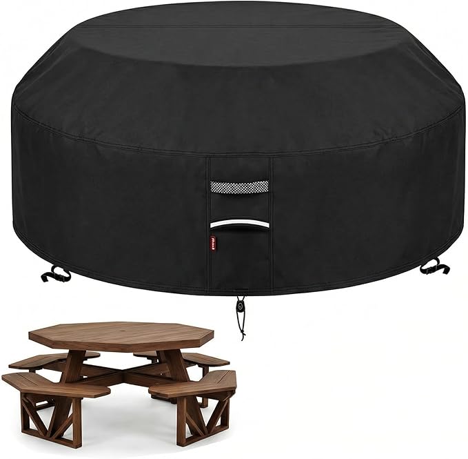 Deosk 94 Inch Outdoor Picnic Table Cover Waterproof Patio Table Covers for 6/8 Seat Octagon Picnic Table & Chair (Black)