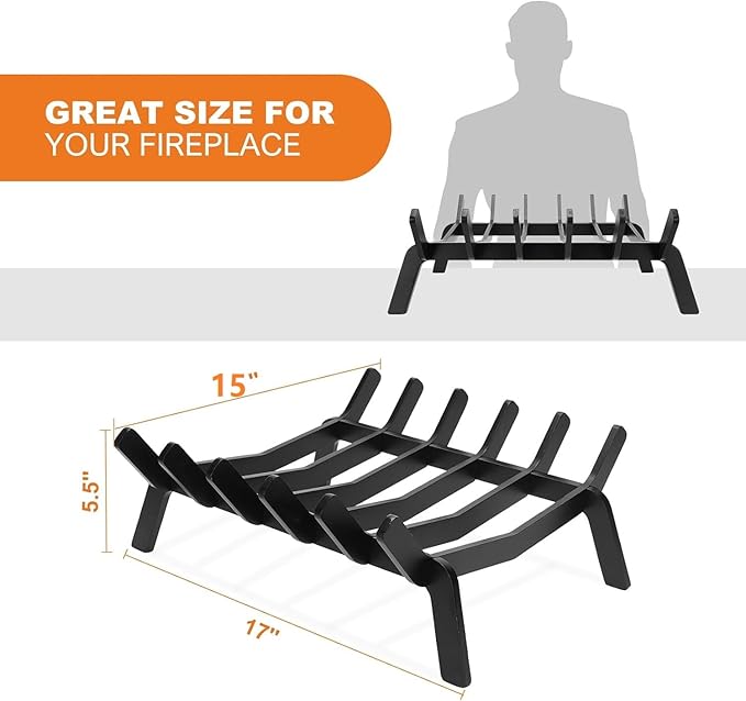 Fireplace Grate 17in Heavy Duty, Small Fire Grate for Inside Fireplace, Firewood Log Rack Holder, Fireplace Accessories, Chimney Hearth Wood Stove Burning Indoor, 6 Bars Fire Pit Grate for Outdoor