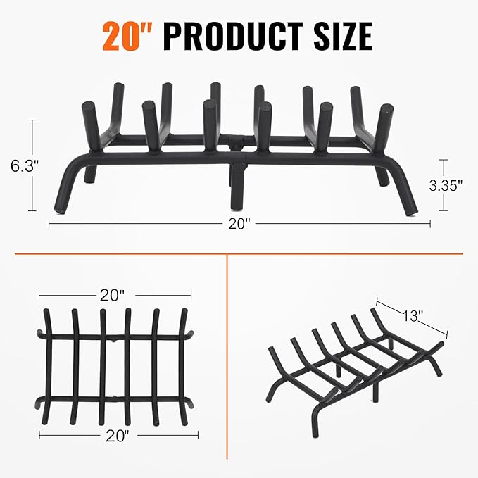 Fireplace Grate 20 inch - Fireplace Log Grates Heavy Duty Solid Round Steel | Fireplace Log Holder No Assembly | Burning Wood Log Rack for Indoor Chimney Hearth & Outdoor Camping