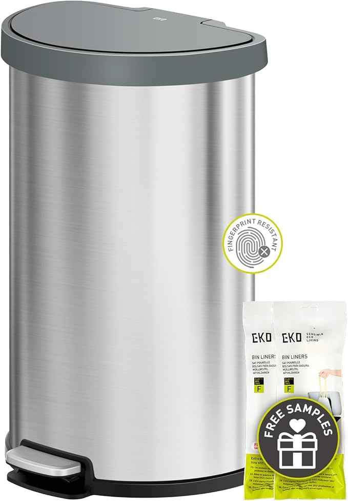 EKO Aria Brushed Stainless Steel Step Kitchen Trash Can Semi-Round 45L