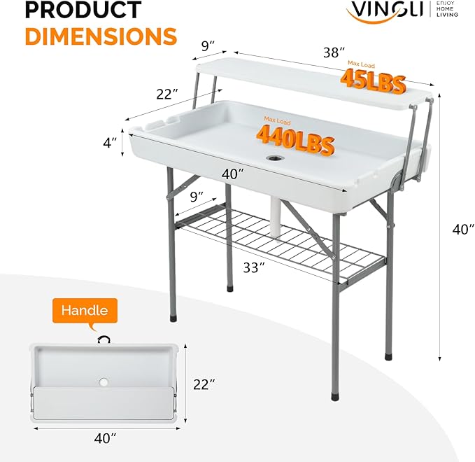 VINGLI Ice Table with Extra Storage Shelf, Portasble Cooler Side Table with Removable Skirt, Patio Table, Indoor & Outdoor Bar for Events, Parties and Camping