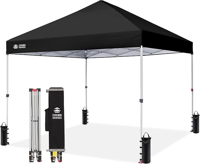 CROWN SHADES 8x8 Pop Up Canopy, Patented Center Lock One Push Instant Popup Outdoor Canopy Tent, Newly Designed Storage Bag, 8 Stakes, 4 Ropes, Silver-Coated Black