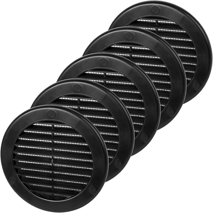 4 Inch [Opening] Black Air Vent Cover – Pack of 5 – Plastic Round Air Vent Grill Cover for Wall or Ceiling, Built-in Mesh Screen/HVAC Return Air Register – Modern Louvered Design