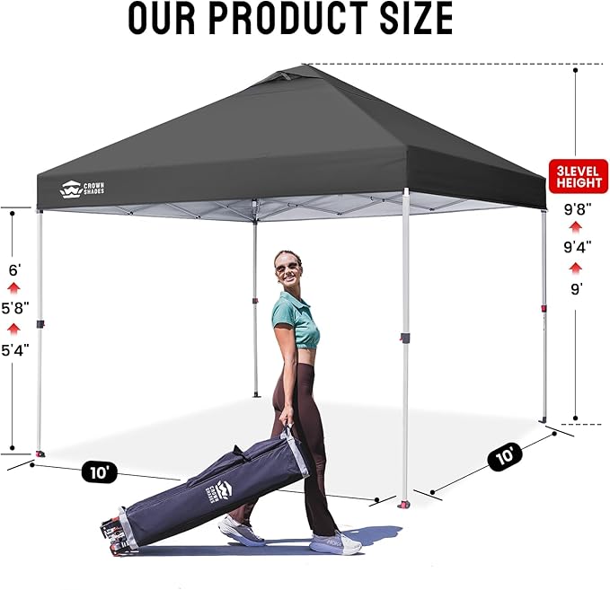 CROWN SHADES 10x10 Pop Up Canopy - Beach Tent with One Push Setup - Easy Outdoor Sun Shade Shelter for Events, Parties - Gazebo with STO-N-Go Cover Bag, Silver Coated Top,Light Gray