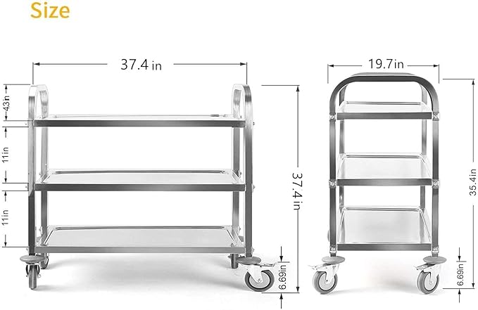 uyoyous 3 Tier Stainless Steel Utility Cart 37"x20"x37" Commercial Heavy Duty Rolling Cart Food Storage Service Trolley with 360°Rotatable Wheels for Kitchen Hotel Restaurant Home Use