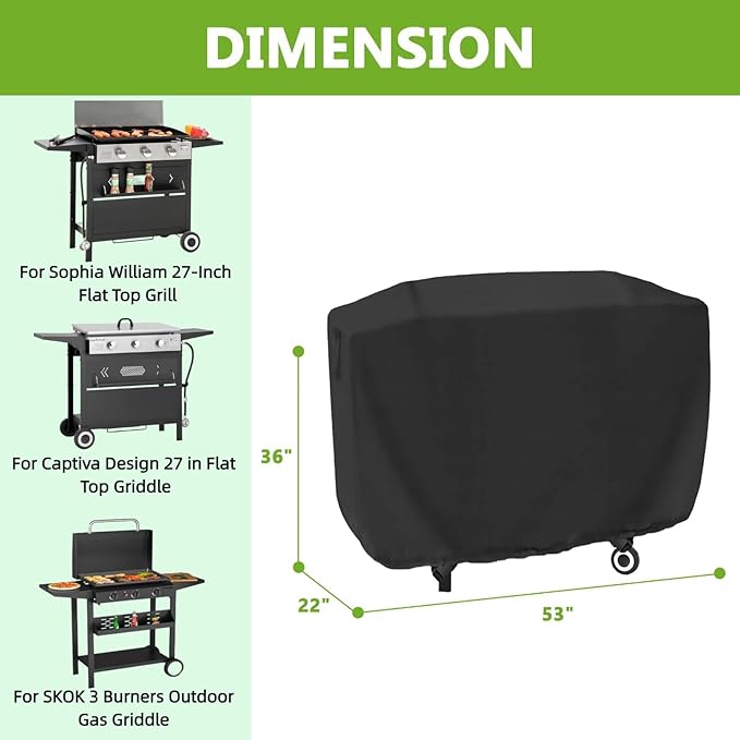 Flat Top Grill Cover Waterproof for Captiva Design 3-Burner Gas Griddle, Heavy Duty 27 inch Flat Iron Grill Cover for Sophia and William Propane 3 Burner Griddle, 53" x 22" x 36"