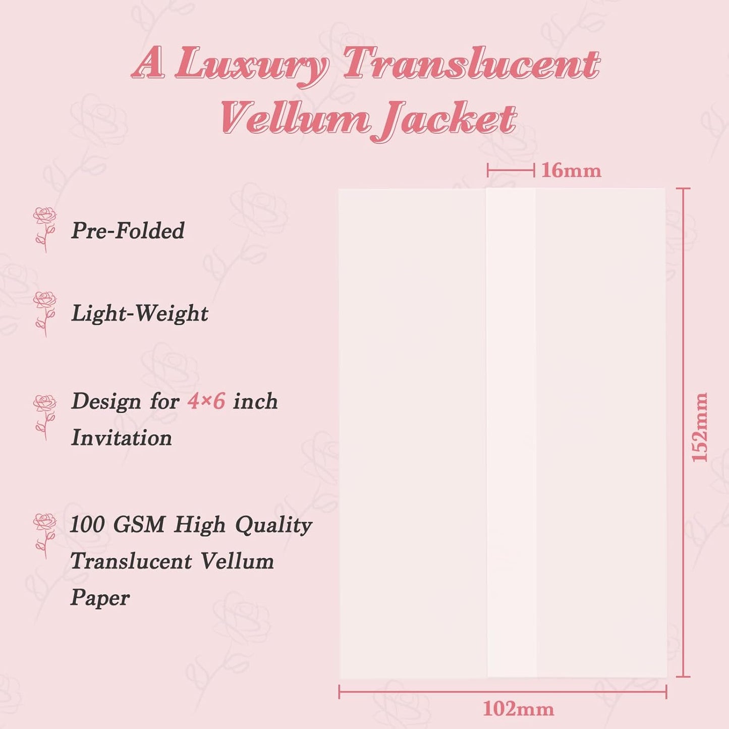 60 Pack Pre-Folded Vellum Jackets for 4x6 Invitations, Translucent Vellum Paper 4x6 Jackets, 100GSM Wedding Invitations Wraps, Envelope Liners for Birthdays, Baby Showers