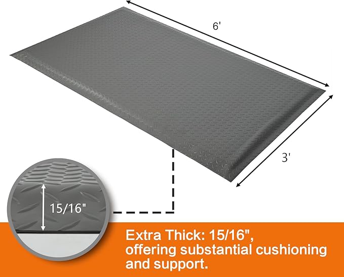 Nisorpa Anti Fatigue Mats Industrial 3' x 6' Ergonomic Standing Mat 15/16" Extra Thick Cushioned Shop Floor Mats Heavy Duty Commercial Diamond Plate - Safety Support for Leg & Back Pain, Grey