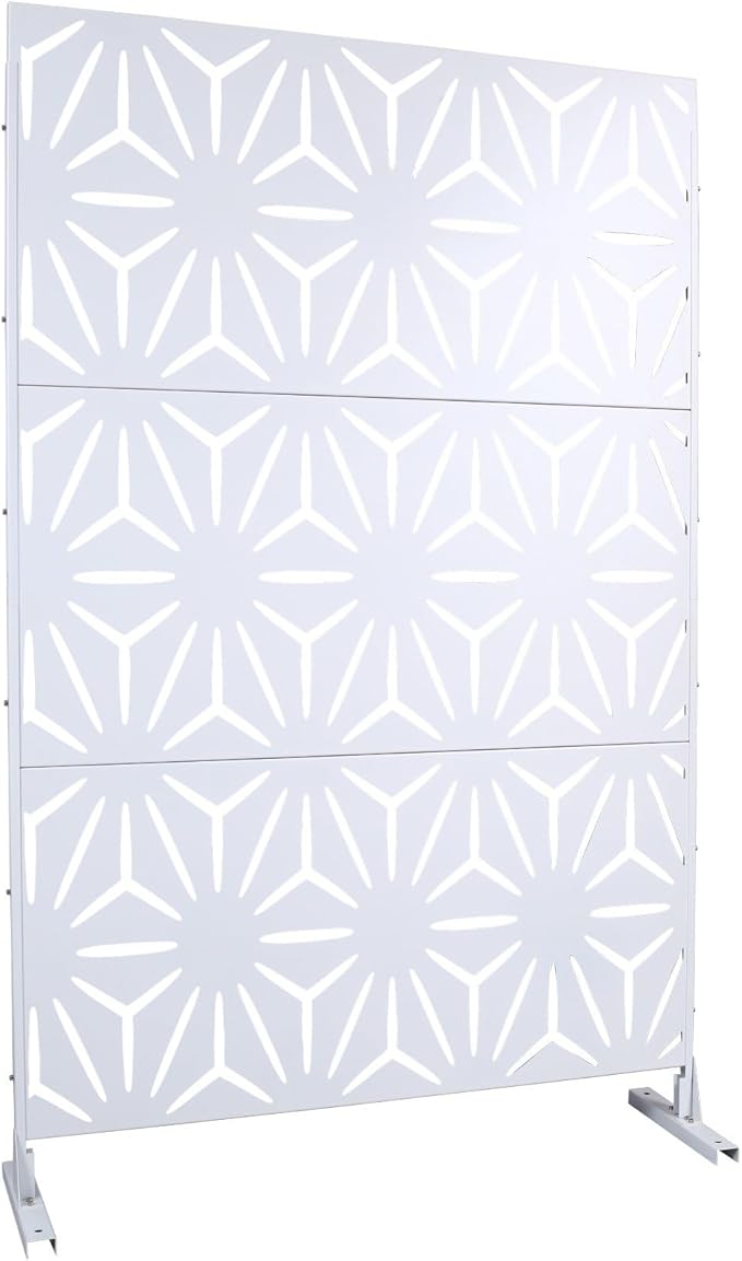 Outdoor Privacy Screen, 76" H x 48" W Decorative Metal Panel, Steel Privacy Divider with Freestanding Base, Ideal for Garden, Patio, or Balcony, White