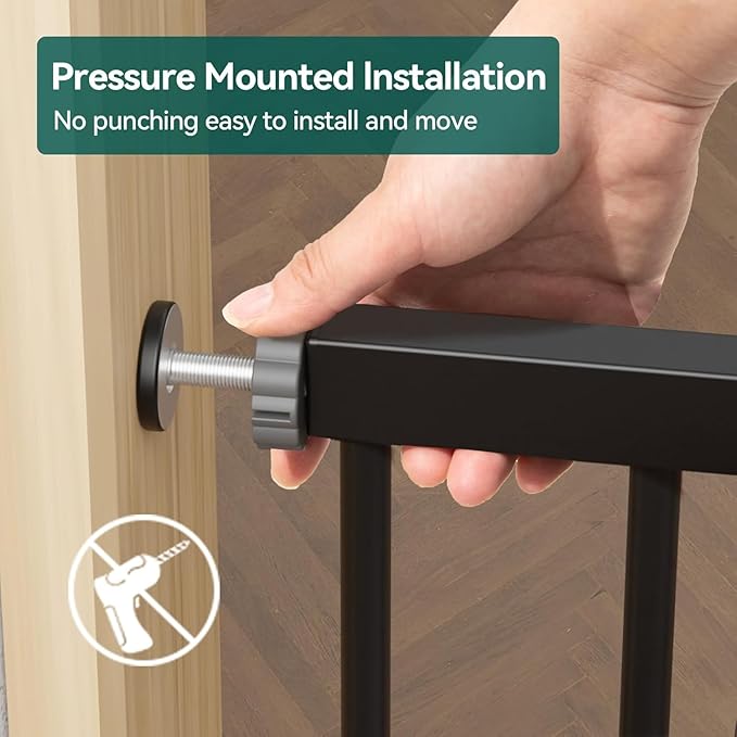 BABELIO 36" Tall Baby Gate, PressGuard P7, 29-55" Auto Close Pressure Mounted Dog Gate for Doorways & Hallway, Basics Easy Walk Thru Pet Gate, Extra Wide Metal Child Gate, Black
