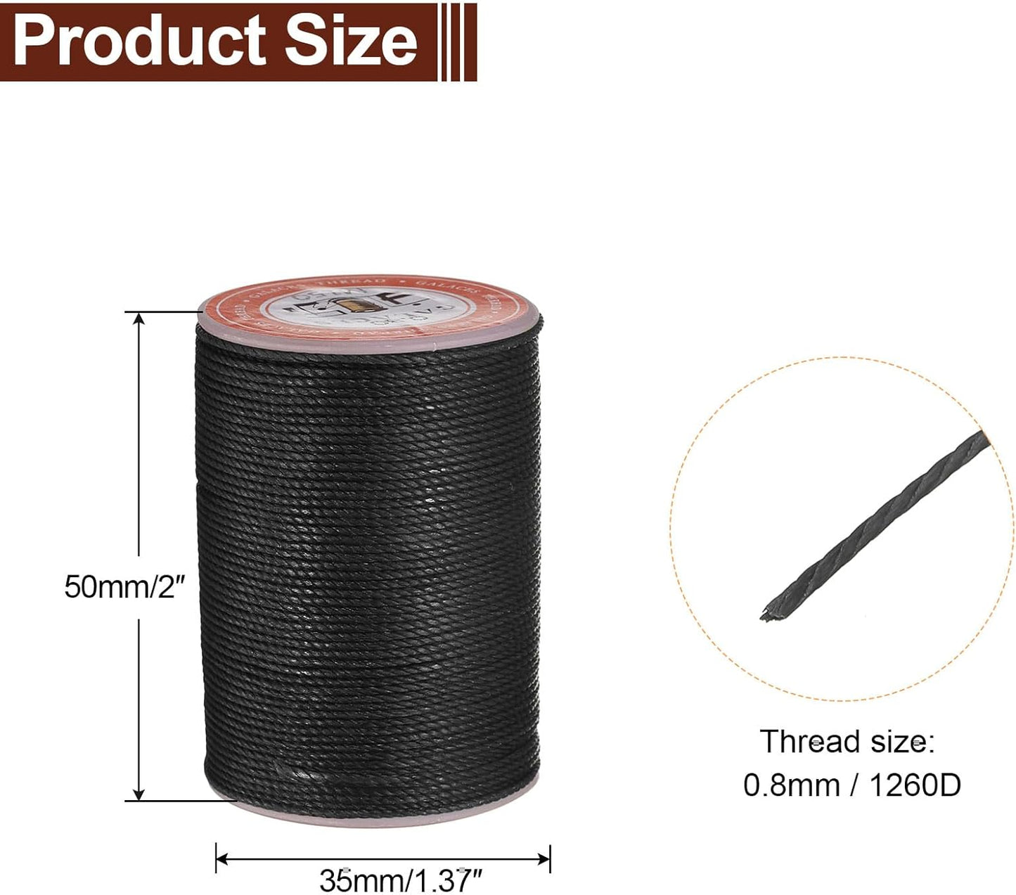 uxcell Round Leather Sewing Waxed Thread, 55m / 60 Yards Wax Polyester String, 0.8mm Waxed Stitching Cord for Leather Crafts, Bookbinding, Bracelets Braided, Black
