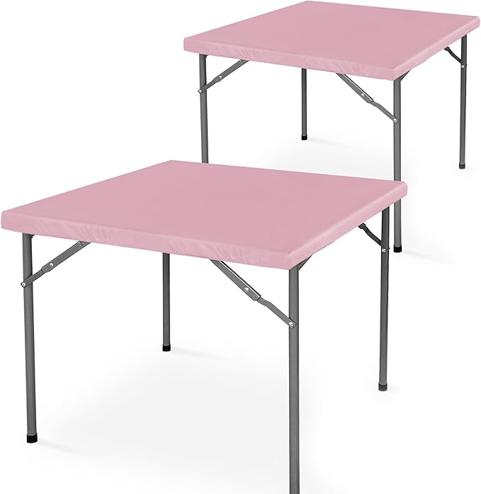 LUSHVIDA 2 Packs Vinyl Card Tablecloth with Flannel Backing 36x36 inch - Waterproof Plastic Picnic Table Cover for Square Folding Table Cloth with Elastic Corners, Pink