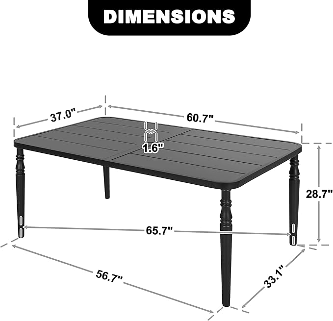 NUU GARDEN Weather-Resistant Outdoor 61” x 37” Rectangle Metal Dining Table with Umbrella Hole, Powder-Coated Frame, Slatted Tabletop, for Patio, Garden, Backyard and Balcony, Black