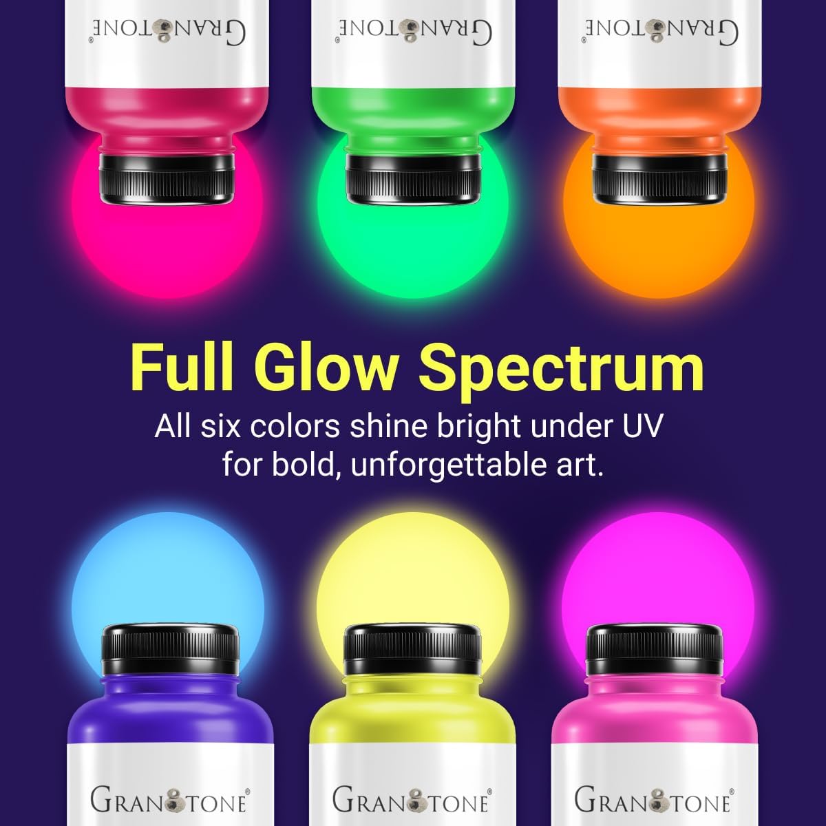 GRANOTONE Neon Fluorescent Acrylic Paint Set - 6 Colors, 16 oz Each | Glows in Black Light | Non-Toxic & Vibrant Paint | Ideal for Art, Crafts, Kids, & Hobbyists | Made in India