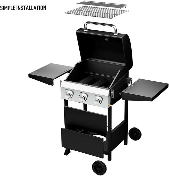 ROVSUN 3-Burner Propane Gas BBQ Grill with Foldable Side Tables & Enameled Cast Iron Grates, 36,000 BTU Barbecue Grill with Portable Wheels for Outdoor Patio Backyard Cooking Grilling, Black