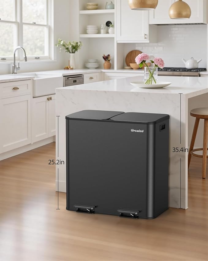 Lovewind Trash Can, 2 x 10.5 Gallon (2 x 40 L) Garbage Can for Kitchen Dual Compartment Recycling Kitchen Step Trash Bin, Stainless Steel Trash and Recycle Bin Combo with Soft-Close Lid, Black