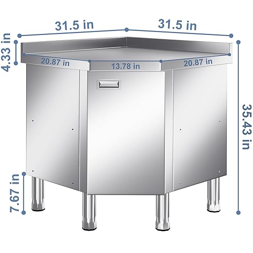 KINGBO Stainless Steel Corner Cabinet Heavy Duty Prep Table with 304 Stainless Steel Worktop Commercial Worktable Workbench with Storage Cabinet for Kitchen Garage Restaurant Outdoor