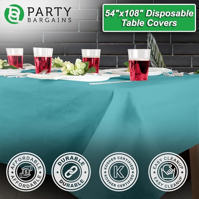 PARTY BARGAINS 54" X 108" Paper & Plastic Table Covers, Turquoise, 10 Pack
