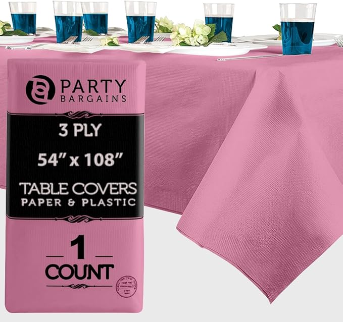 PARTY BARGAINS 1 Disposable Table Covers - 54" X 108" Pink Table Cover, 3 Ply Paper & Plastic Tablecloth