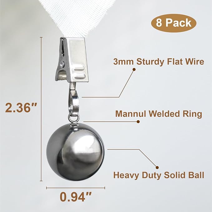 8 Pack Heavy Duty Tablecloth Weights, Rust Proof Stainless Steel Balls with Clips, Weights for Curtain, Outdoor Picnic Table, Flags