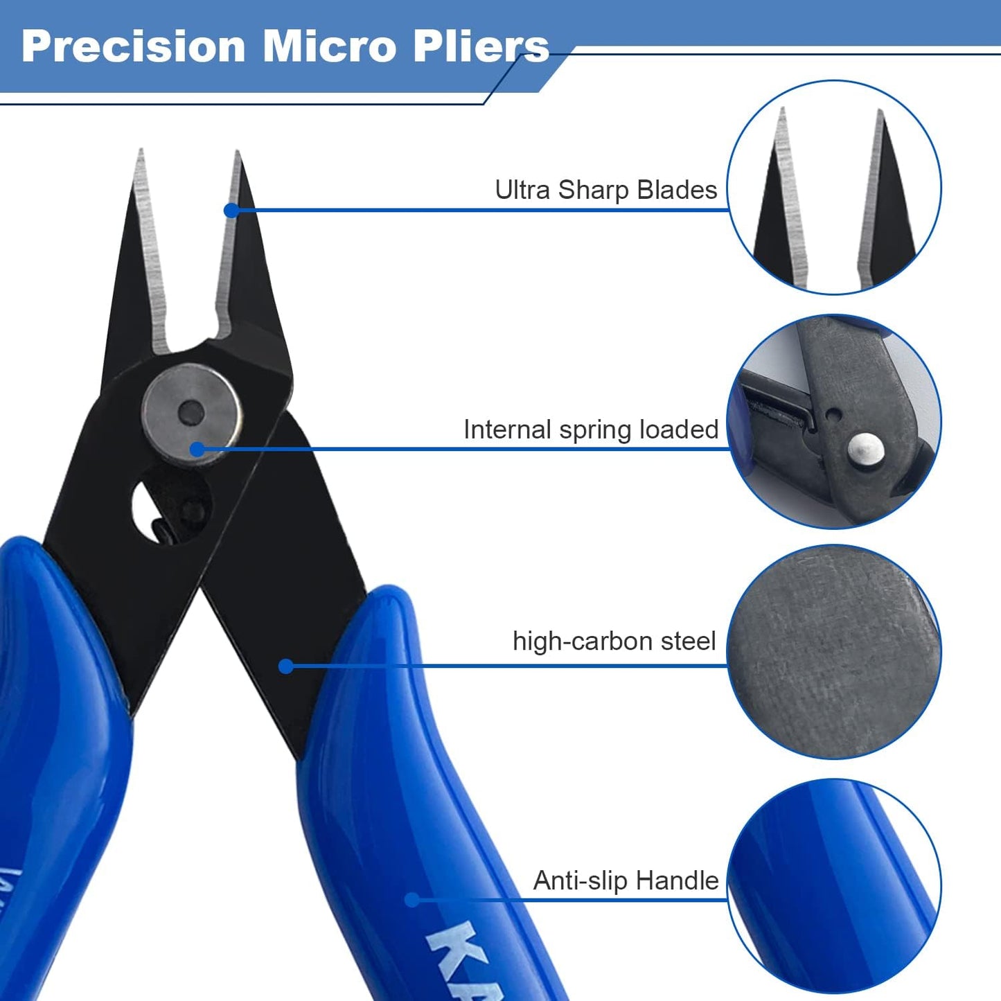 KAIHAOWIN Micro Wire Cutters with Spring, 2 Pack, 5 inch Precision Mini Flush Cutters Bulk, Nippers, Flush Cutting Pliers, Wire Snips, Small Side Cutters for Electronics Crafts Jewelry-Blue