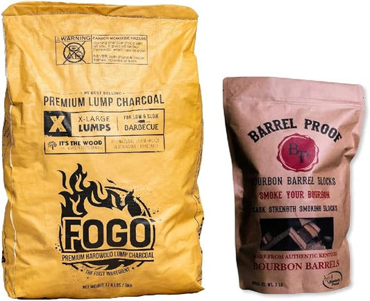 FOGO Super Premium Hardwood Lump Charcoal, Natural Large Sized Lump Charcoal, 17.6 Pound Bag and FOGO Barrel Proof Bourbon Barrel Blocks, 2 Pound Resealable Bag, Bundle