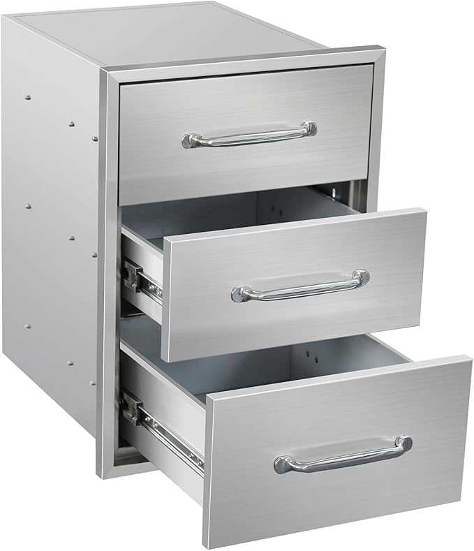 Outdoor Kitchen Drawers 15.7" W x 21.6" H x 17.7" D Stainless Steel Triple Drawers with Ergonomic Handle for BBQ Island, Patio Grill Station & Outdoor Kitchen Cabinets