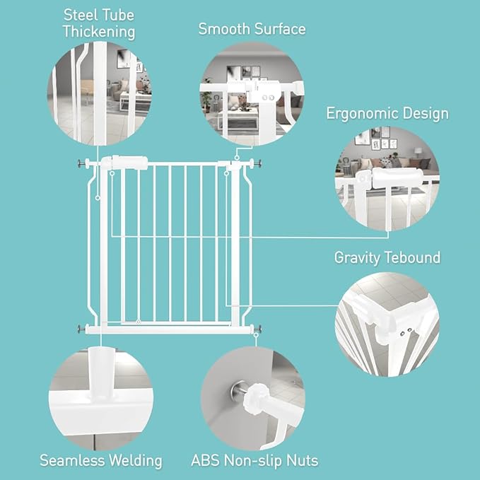 WAOWAO Baby Gate 14.16" Extra Wide Pressure Mounted Walk Through Swing Auto Close Safety White Metal Toddler Kids Child Dog Pet Puppy for Stairs,Doorways,Kitchen