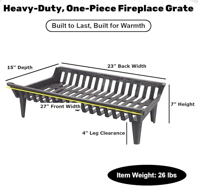 Fireplace Grate 27 inch Heavy Duty, Cast Iron Fire Grate - 27" W x 15" D x 7" H
