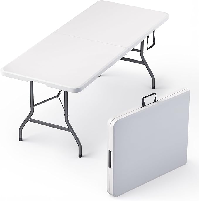 10 Pack of 6 Feet Foldable Table with Built in Handle & Steel Legs | Heavy Duty Portable | Perfect for Party, Dining, Wedding, Events, Picnic Indoor, Outdoor, Camping, Utility, Temporary