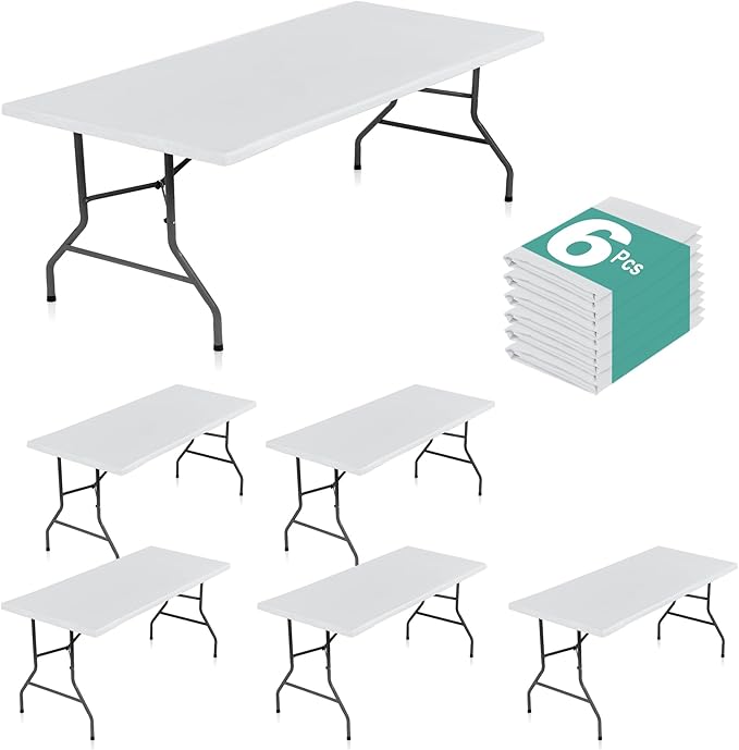 LUSHVIDA 6 Packs Vinyl Tablecloths with Flannel Backing for 8ft Rectangle Folding Table Cloths - Waterproof Plastic Picnic Table Covers with Elastic Corners, 30x96 inch, White