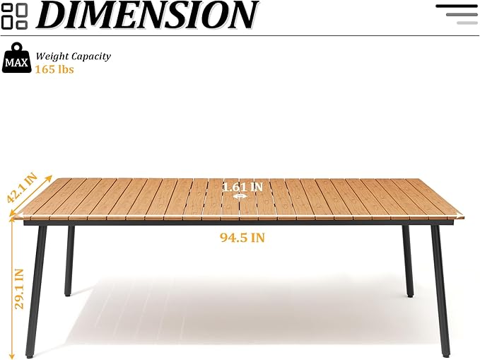 95" Patio Outdoor Dining Table for 8-10, Weather-Resistant Wood-Grain Top with Aluminum Frame & Umbrella Hole for Deck Gatherings, Brown