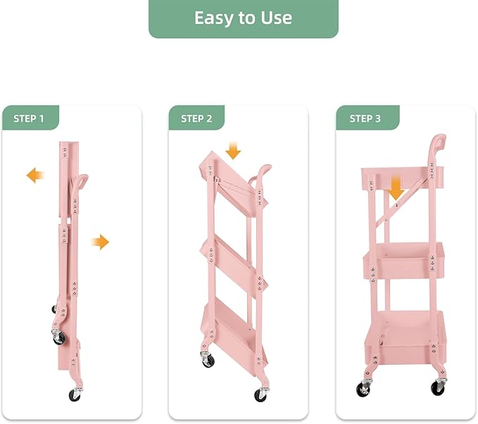 3-Tier Folding Rolling Utility Cart with Wheels, Metal Foldable Storage Cart Organizer with 3 Hanging Cups & 6 Hooks for Kitchen, Office, Living Room, Nursery(Pink)