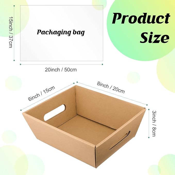 Fainne 74 Pcs Baskets for Gifts Empty Bulk DIY Empty Gift Basket Include 20 Kraft Cardboard Tray with Handles 30 Bags 24 Bows for Christmas Thanksgiving Birthdays Snacks Party, 8" x 6" x 3"(Brown)