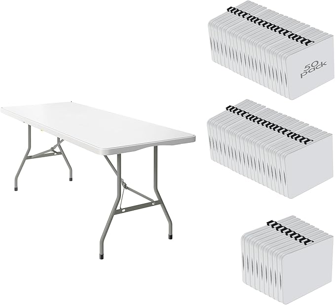 50 Pack of 6 Foot Foldable Table with Built in Handle & Steel Legs ,Heavy Duty Portable ,Perfect for Party, Dining, Wedding, Events, Picnic Indoor, Outdoor, Camping, Utility, Folding(white-50pac)