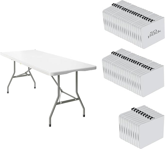 50 Pack of 6 Foot Foldable Table with Built in Handle & Steel Legs ,Heavy Duty Portable ,Perfect for Party, Dining, Wedding, Events, Picnic Indoor, Outdoor, Camping, Utility, Folding(white-50pac)