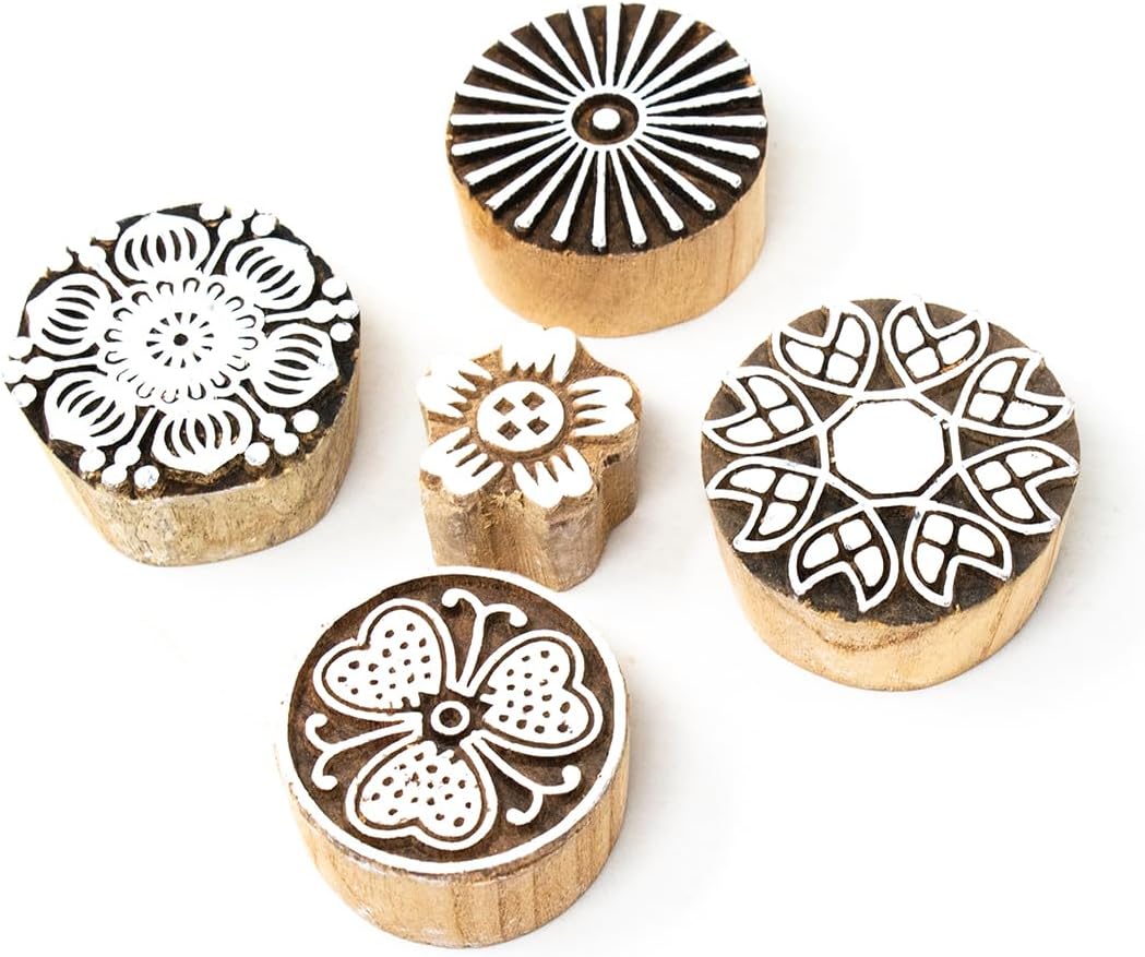 Hashcart Wooden Indian Traditional Design Printing Stamps/Blocks for Printing Saree Border/Dresses/Craft Card Making/Scrapbook/Clay Pottery (Set of 5)