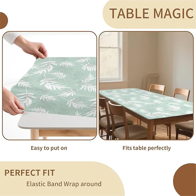 Rectangle Table Cloth Cover Waterproof Elastic Fitted Polyester Fitted Tablecloths for 4 Foot Tables for Indoor,Picnic, Camping, Outdoor （48" x 30"，Palm Leaf）