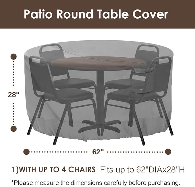 Vailge Round Patio Furniture Covers, 100% Waterproof Outdoor Table Chair Set Covers, Anti-Fading Cover for Outdoor Furniture Set, UV Resistant (Grey, 62"DIAx28"H)