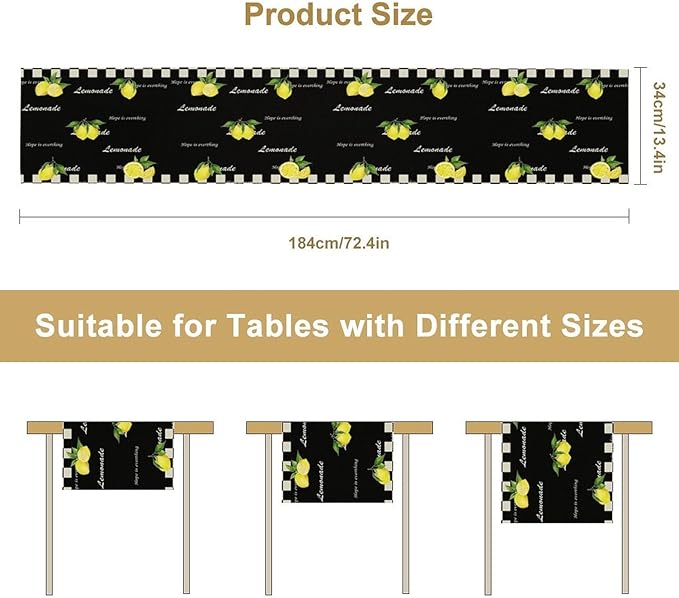Lemon Table Runner,White Black Buffalo Plaid Watercolor Summer Fruit Print Table Runner for Kitchen Dining Table Indoor Outdoor Home Party Decor 13x70in