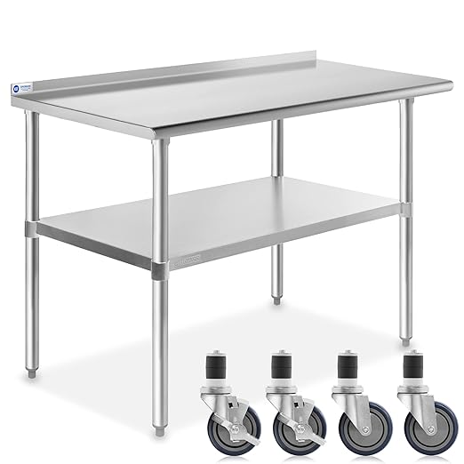 GRIDMANN Stainless Steel Table 48 in. x 24 in., NSF Commercial Kitchen Prep & Work Table w/Backsplash and Wheels